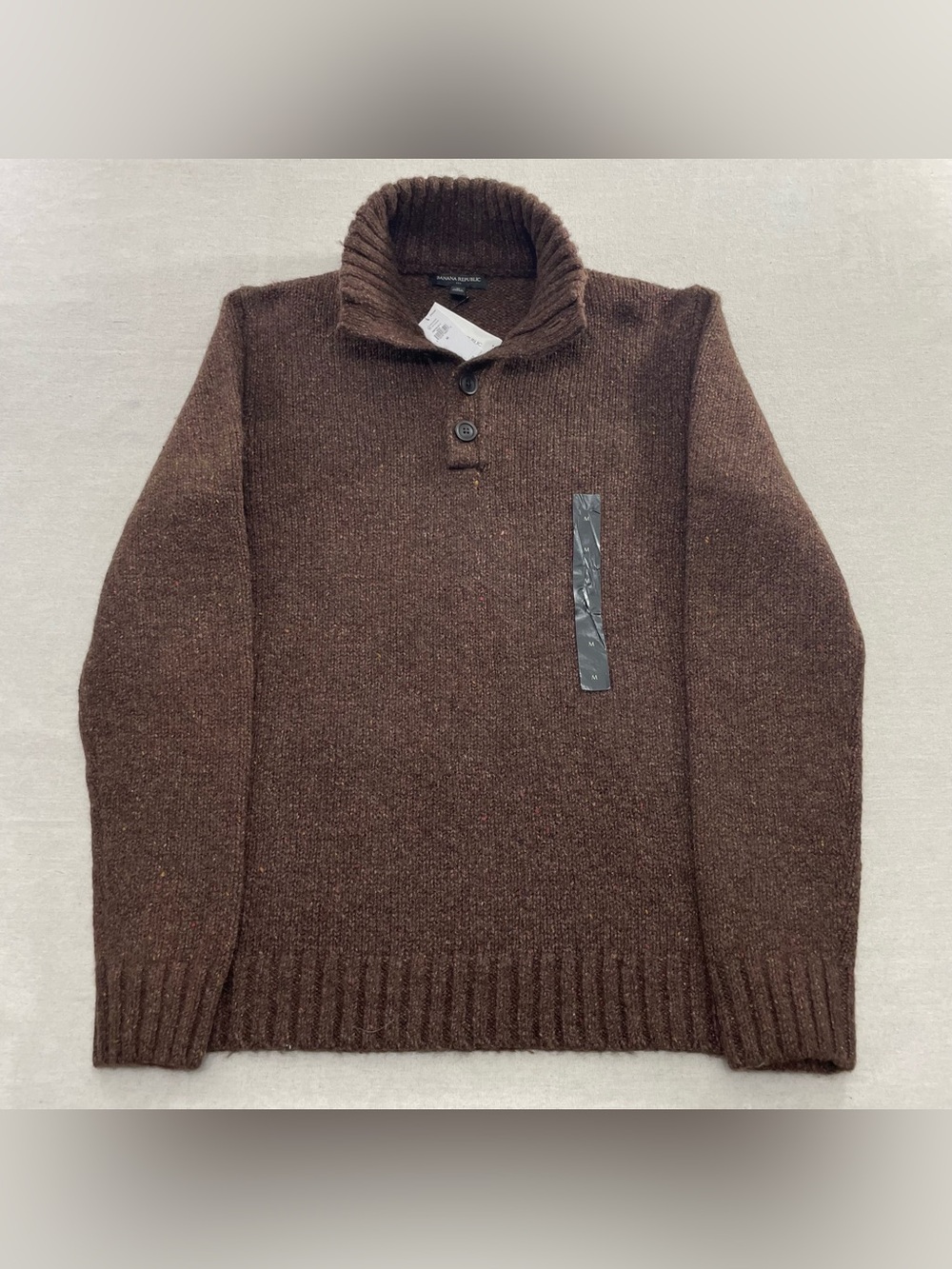 NWT Banana Republic Tweed Knit Sweater Men’s M Brown 1/4 Button Silk Wool Blend